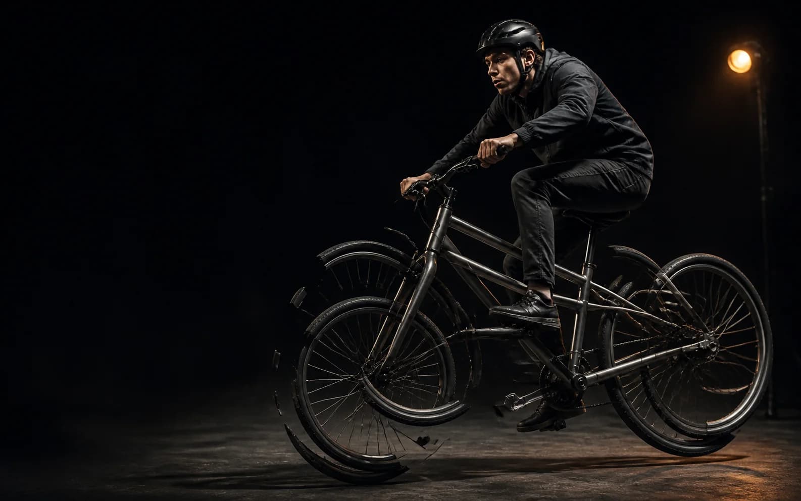 AI-generated cyclist on an impossible multi-wheel bicycle
